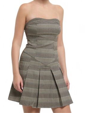 Brown Plaid Pleated Strapless Dress Size L